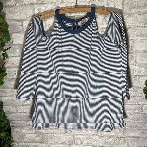 LOFT Top Women’s Sz‎ M Navy & White Striped Cold Shoulder Off Shoulder